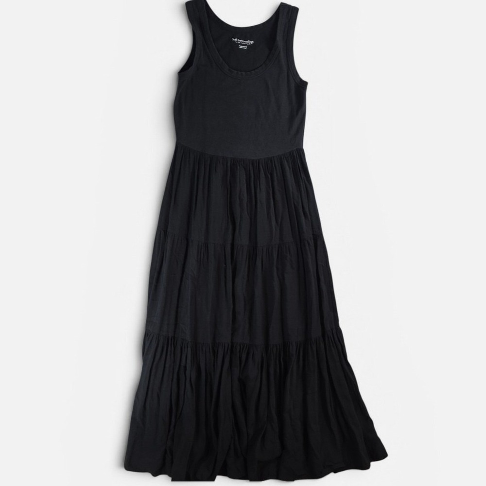 Soft‎ Surroundings Womens Petite XS Black Maxi Dress Tiered Tank Sleeveless